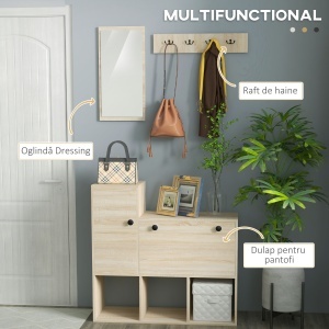 Organizator Intrare 3-în-1, Bancă cu Depozitare Pantofi, Oglindă și Cuier/Rafturi pentru Hol, Mobilier Multifuncțional - Img 4