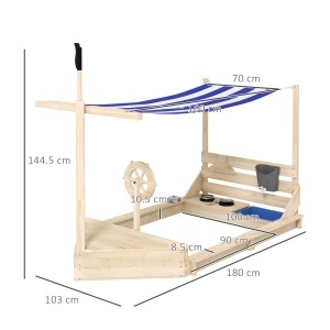 Outusunny Nisipar din Lemn pentru Copii cu Capac, Ladă de Nisip pentru Exterior cu Set de Joacă Inclus, 180x103x144,5 cm, Lemn Natural - Img 3