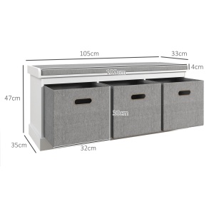 Pantofar tip Băncuţă cu 3 Sertare și Şezut din Lemn, 105x35x47 cm, Alb - Img 3