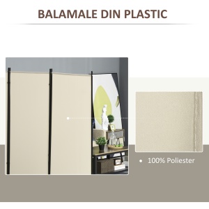 Paravan interior cu 3 panouri, separeu pliabil pentru spatii din metal si poliester, 253x50x182cm, bej - Img 4