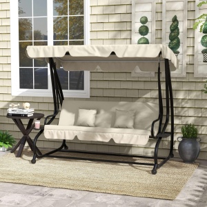 Pat de Grădină, Balansoar cu Acoperiș Reglabil și Suport pentru Pahare, Balansoar de Grădină din Oțel și Poliester, 200x120x164 cm, crem - Img 2