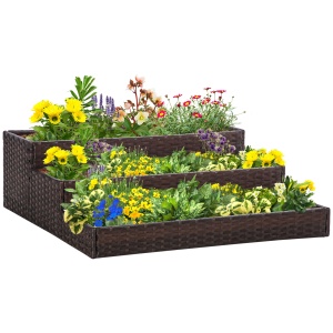 Pat de gradina inaltat cu 3 niveluri din ratan sintetic fara fund pentru plante si legume, 120x120x40cm, gri - Img 1
