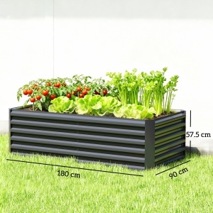 Pat de Grădină Ridicat pentru Exterior cu Fund Deschis și Bare de Susținere, Jardinieră din Oțel Galvanizat, pentru Flori, Legume, Balcon sau Grădină, 180x90x57,5 cm, Gri Închis - Img 3