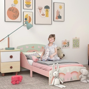 Pat pentru Copii 3-6 Ani cu Margini Înălțate și Model cu Animale, 77x143x60 cm, Roz - Img 2
