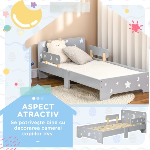 Pat pentru copii 3-6 ani cu stele si luna din MDF si PAL, 143x76x49 cm, culoare gri si lemn - Img 4
