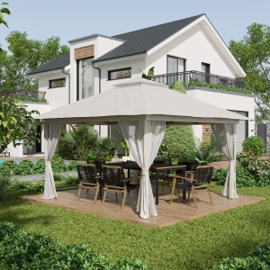 Pavilion Pliabil Pop-Up 4x4 m cu Înălțime Reglabilă pe 3 Niveluri, Pavilion Exterior cu Plasă de Țânțari, Saci de Nisip, Geantă de Transport, UV50+, pentru Grădină Camping Petreceri, Crem - Img 2