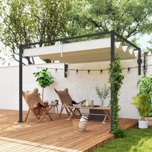 Pergolă 3 x 4m Montată pe Perete, Pergolă Metalică cu Acoperiș Retractabil pentru Grătar, Grădină, Terasă, Deck - Img 2