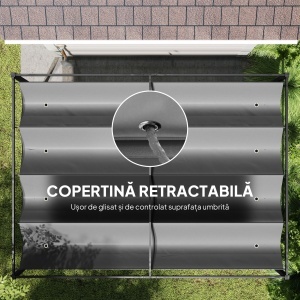 Pergolă Gazebo 4x3 m cu Acoperiș Retractabil, Orificii de Drenaj, Țepușe și Șuruburi, Pergolă pentru Grădină din Poliester și Metal, Gri Închis - Img 6