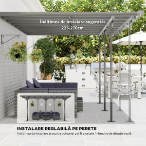Pergola montata pentru gradina din policarbonat si aluminiu, montare reglabila, gri - Img 4