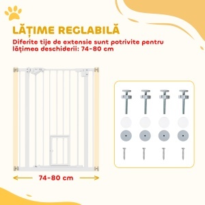 Poartă Reglabilă pentru Câini cu Ușă Mică și Montaj prin Presiune, 74-80x91.4 cm, Alb - Img 4