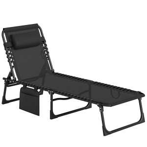 Portable Sun Lounger, Folding Chaise Recliner, 5-Position Adjustable Cot, Black