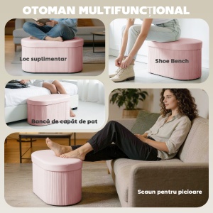 Pouf pliabil cu spațiu de depozitare modern, tapițat cu catifea, 72L, pentru living și dormitor, 76x38x35 cm, Roz - Img 7