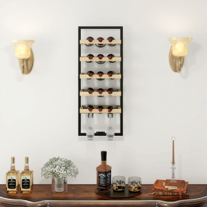 Raft de Perete pentru Sticle din Lemn și Oțel, Suport pentru 15 Sticle de Vin și 4 pahare, 35x25x86 cm, Natural - Img 7