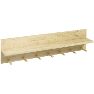 Raft Suspendat din Lemn de Brad, Raft de Perete cu 7 Carlige, Ton Natural - Img 1