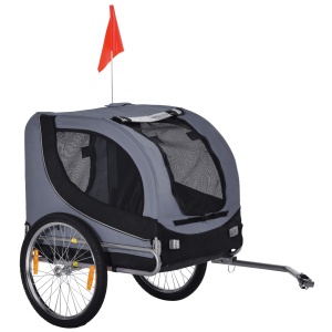 Remorcă Bicicletă pentru Câini Talie Medie cu Ferestre Laterale și Steag, 130x73x90 cm, Gri și Negru - Img 1