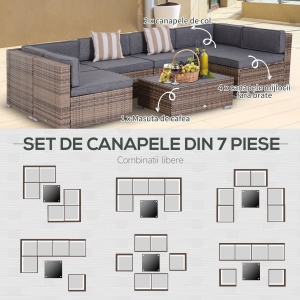 Salon de Gradina din Rattan din 7 Piese cu Masuta si Canapea Modulara cu Perne, Gri - Img 6