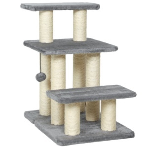 Scară pentru Câini și Pisici cu 3 Trepte din Pluș și Stâlpi Zgâriători din Sisal, Capacitate 10 kg, Gri - Img 1
