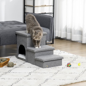Scari de pat pentru caini, Scari pentru animale de companie cu 3 trepte, cu casuta pentru pisici si 2 cutii de depozitare, Rampa 3 in 1 pentru caini cu perna din plus lavabila, gri deschis - Img 2