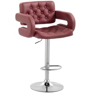 Scaun de Bar cu Înălțime Reglabilă, Scaun de Bucătărie Înalt din PU cu Spătar, Suport pentru Picioare, Cotiere și Șezut Confortabil, Structură Metalică, Rotativ la 360°, pentru Insulă, Roșu Vin