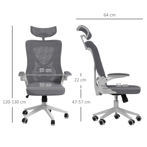 Scaun de Birou cu Inaltime Reglabila cu Tetiera, Suport Lombar si Cotiere Rabatabile, 65x64x120-130 cm, Gri si Negru - Img 3