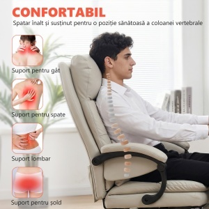 Scaun de Birou cu Masaj la 6 Puncte și Funcție de Încălzire, Reglabil 135° din Piele PU cu Suport pentru Picioare, Brațe Tapițate, Înălțime Reglabilă, Spătar Înalt, Gri Deschis - Img 5