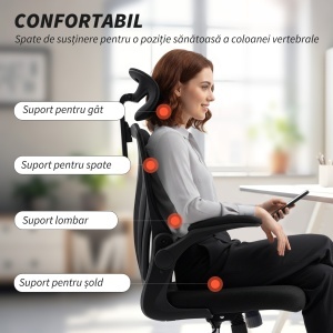 Scaun de Birou Ergonomic cu Brațe Rabatabile și Spătar Pliabil, Scaun pentru Birou cu Funcție de Balansare, Tetieră Reglabilă, Rotativ, Negru - Img 4