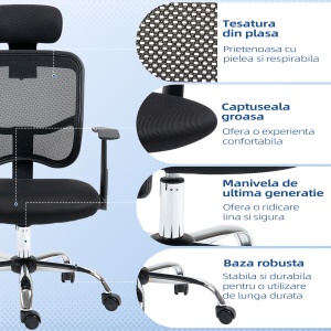 Scaun de Birou Ergonomic cu Șezut Reglabil și Tetieră, din Poliester și Oțel, 63x62x106-114 cm, Negru - Img 7
