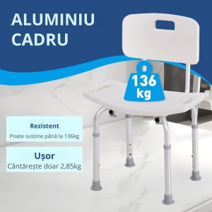 Scaun de Duș Antiderapant cu Spătar și Înălțime Reglabilă pe 8 Poziții, 50,6x43x71-88 cm, Alb - Img 4