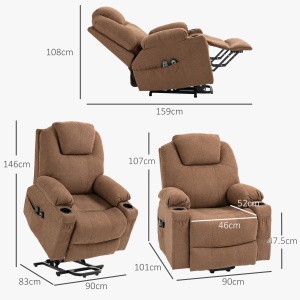 Scaun Electric Rabatabil cu 8 Puncte de Masaj și Telecomandă, Fotoliu Modern din Țesătură cu Efect de In, 90x101x107 cm, Cafea - Img 3