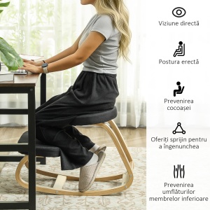 Scaun genunchi ergonomic, din Țesătură cu Aspect de In și Lemn, 50x73x55 cm, Negru - Img 5