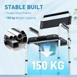 Scaun Toaletă Pliabil cu Găleată Detașabilă, Brațe și Spătar din Oțel și Piele PU, 52,5x46x81,5-97 cm, Negru - Img 5
