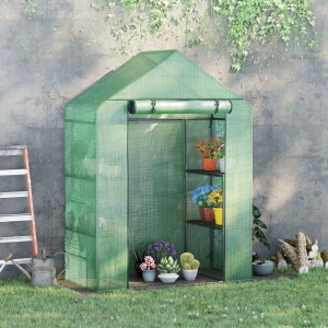 Sera de Gradina din Otel si Plastic PE cu 4 Rafturi, Franghii si Tarusi Inclusi, 141x72x191 cm, Verde - Img 2