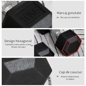 Set 2 gantere hexagonale de 10kg din metal si cauciuc pentru antrenamente acasa si la birou, negru - Img 4
