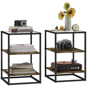 Set 2 Măsuțe cu 3 Niveluri și Bază Înălțată, Măsuțe din Lemn, Metal și Blat din Sticlă Călită, 37x40x55,5 cm, Maro