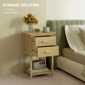 Set 2 Noptiere cu 2 Sertare și Poliță de Jos în Stil Nordic, Noptiere Moderne din Bambus, 40x34x60 cm, Lemn Natural - Img 5