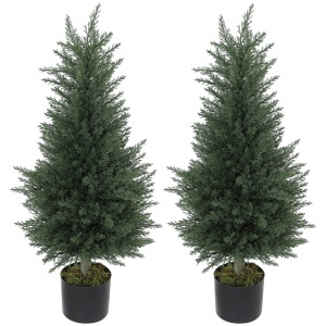 Set 2 Plante Artificiale de Chiparos cu 362 Frunze și Ghiveci cu Ciment și Mușchi, Plante Rezistente la UV, Ø40x90 cm, Verde - Img 1