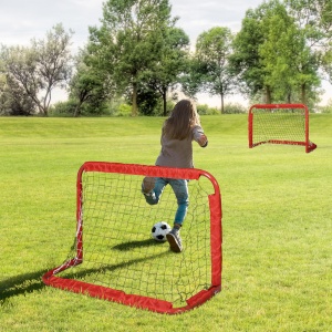 Set 2 Porți de Fotbal Pliabile pentru Exterior cu 4 Țăruși, Plasă de Fotbal din Metal și Tetrolon, 90x36x60 cm, Roșu - Img 2