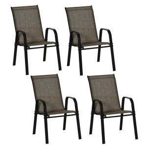 Set 4 Piese Scaune de Gradina cu Cotiere, Scaune de Exterior Stivuibile din Metal si Tesatura Respirabila, Maro - Img 1