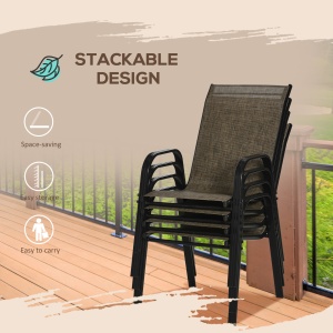 Set 4 Piese Scaune de Gradina cu Cotiere, Scaune de Exterior Stivuibile din Metal si Tesatura Respirabila, Maro - Img 6