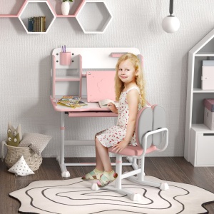Set Birou pentru Copii 3-12 Ani Reglabil pe Înălțime și Blat Înclinabil la 45°, 80x55x107.5 cm, Culoare Roz - Img 2