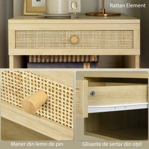 Set de 2 Noptiere Plutitoare, Noptiere cu Sertar din Ratan și Raft Deschis pentru Dormitor, 40x34x23 cm, Lemn Natural - Img 7