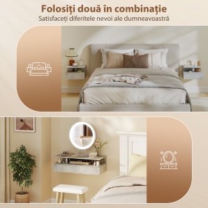 Set de 2 Noptiere Suspendate cu Sertar și Raft Deschis, 35x32x22.5 cm, Gri Ciment - Img 6