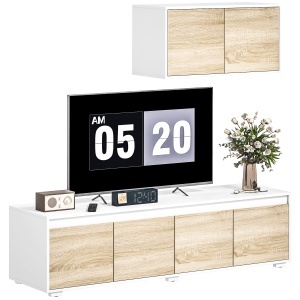 Set de 2 Piese pentru Televizor cu Dulap de Perete, Unitate de Divertisment Independenta pentru Televizoare de 70 de inci, cu Rafturi Reglabile si Gauri pentru Cabluri, Natur - Img 1