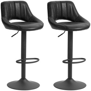 Set de 2 Scaune de Bar cu Înălțime Ajustabilă, Suport pentru Picioare și Șezut Rotativ din Piele Artificială, Negru