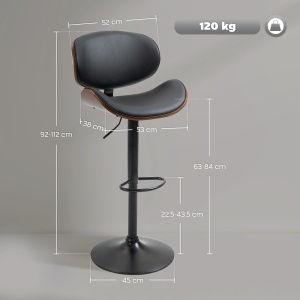 Set de 2 Scaune de Bar cu Spătar Reglabil pe Înălțime, Lemn și Piele Ecologică, 53x52x92-112 cm, Negru - Img 3