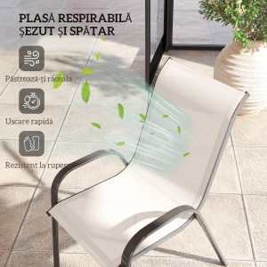 Set de 2 Scaune de Exterior pentru Masă, Scaune Stivuibile cu Spătar Înalt, Șezut din Plasă Respirabilă pentru Grădină, Terasă, Gri Deschis - Img 5