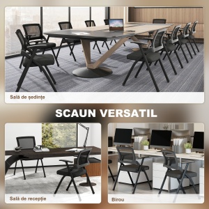 Set de 2 Scaune Pliabile din Material cu Efect de In cu Spătar Curbat și Cotiere, Scaune Pliabile Economice Portabile din Oțel, pentru Casă, Birou, Bucătărie, Evenimente, 61x56x84 cm, Negru - Img 7