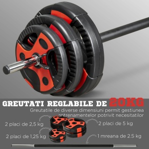 Set de bare si placi de greutati de 20 kg cu maner antiderapant din PU, Ø17x140 cm, negru si rosu - Img 4