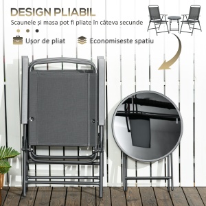 Set de Exterior din 3 Piese cu Masă cu Blat din Sticlă și 2 Scaune Pliabile din Plasă, Ф45x50 cm, Gri Deschis - Img 4