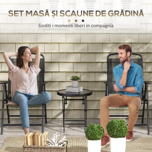 Set de Exterior din 3 Piese cu Masă cu Blat din Sticlă și 2 Scaune Pliabile din Plasă, Ф45x50 cm, Gri Deschis - Img 5